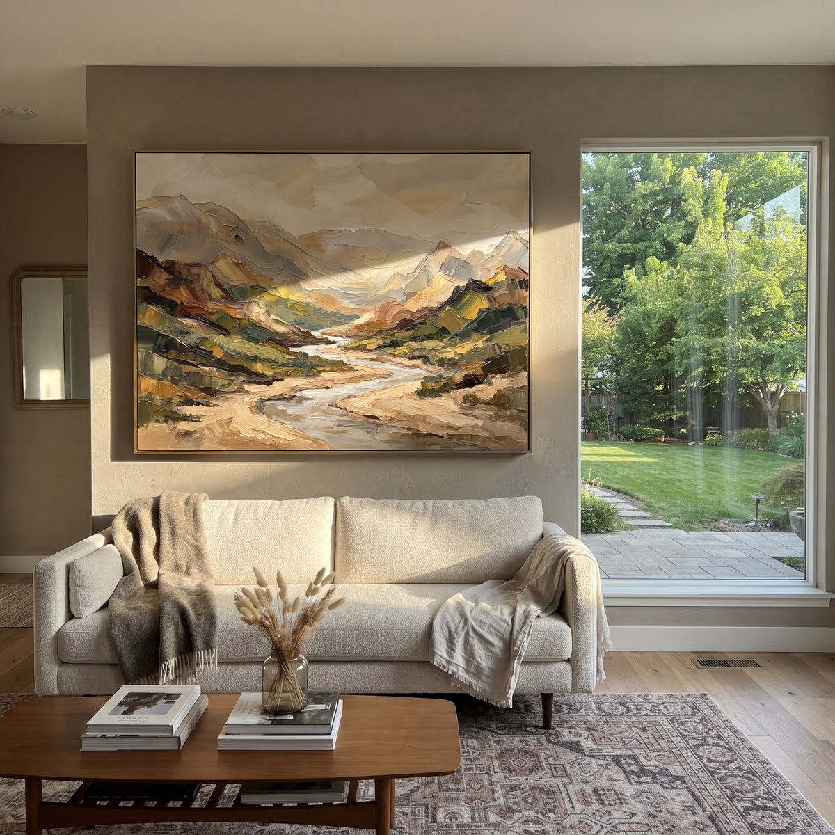 River Distant Mountain River Valley focuses on layered mountain ridges opening toward a bright winding river. The composition keeps the principal subject clearly separated from the painted field, so the eye can follow the specific gesture, silhouette, garment, fur, petal, ridge, or river visible in this artwork. Its color relationships move between orange, pink, and green, with lighter passages opening the focal area and deeper strokes giving the forms weight. Palette-knife edges, impasto