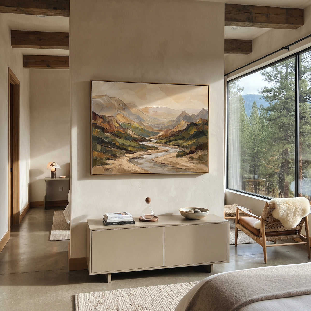 River Distant Mountain River Valley focuses on layered mountain ridges opening toward a bright winding river. The composition keeps the principal subject clearly separated from the painted field, so the eye can follow the specific gesture, silhouette, garment, fur, petal, ridge, or river visible in this artwork. Its color relationships move between orange, pink, and green, with lighter passages opening the focal area and deeper strokes giving the forms weight. Palette-knife edges, impasto