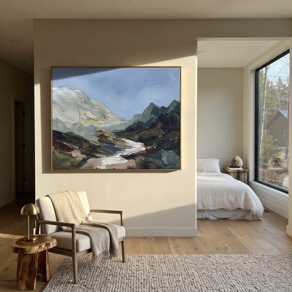 "Warm Distant Mountain River Valley" - Modern Heavy Impasto Landscape Artwork | Green & Yellow Palette Knife Painting | Luxury Horizontal Wall Art #PT 3139