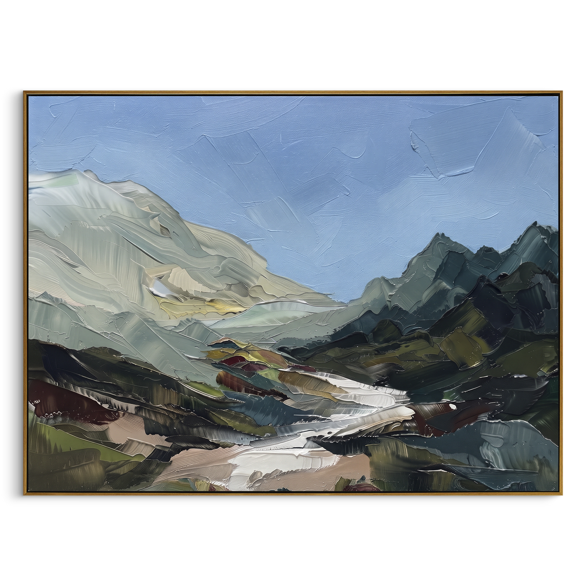 "Warm Distant Mountain River Valley" - Modern Heavy Impasto Landscape Artwork | Green & Yellow Palette Knife Painting | Luxury Horizontal Wall Art #PT 3139