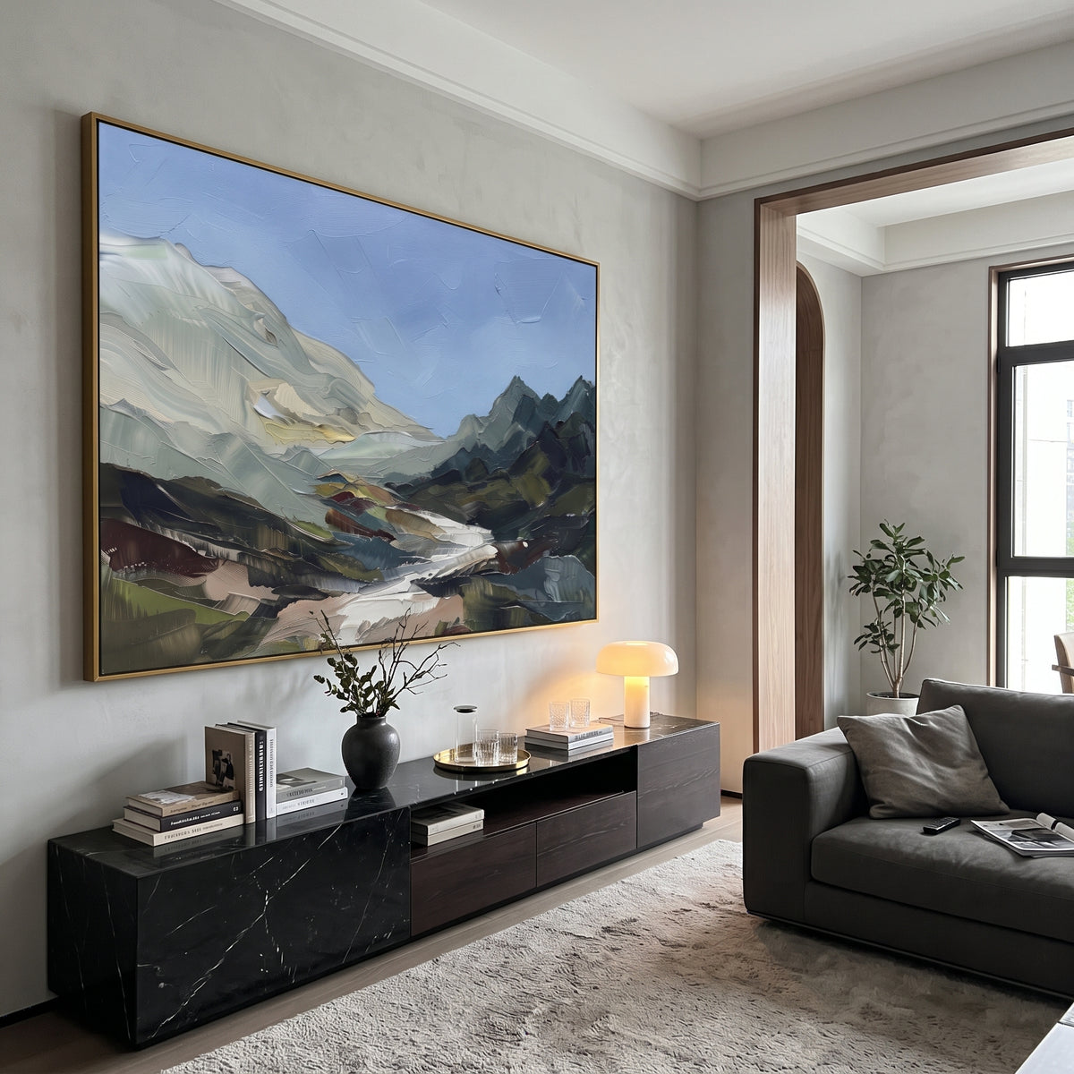 Warm Distant Mountain River Valley focuses on layered mountain ridges opening toward a bright winding river. The composition keeps the principal subject clearly separated from the painted field, so the eye can follow the specific gesture, silhouette, garment, fur, petal, ridge, or river visible in this artwork. Its color relationships move between green, yellow, and beige, with lighter passages opening the focal area and deeper strokes giving the forms weight. Palette-knife edges, impasto