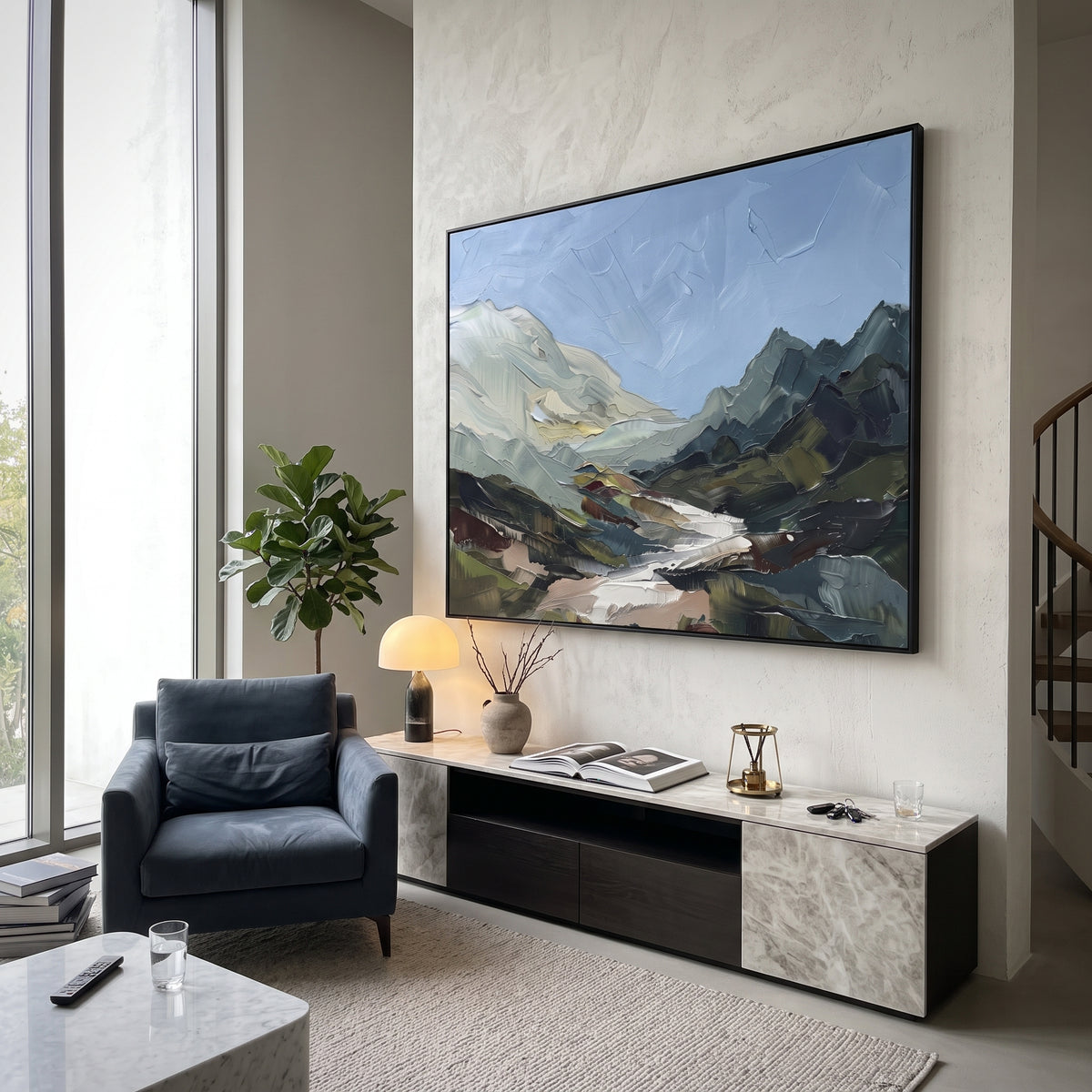 Warm Distant Mountain River Valley focuses on layered mountain ridges opening toward a bright winding river. The composition keeps the principal subject clearly separated from the painted field, so the eye can follow the specific gesture, silhouette, garment, fur, petal, ridge, or river visible in this artwork. Its color relationships move between green, yellow, and beige, with lighter passages opening the focal area and deeper strokes giving the forms weight. Palette-knife edges, impasto