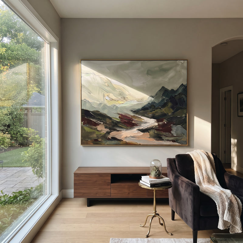 "Still Distant Mountain River Valley" - Modern Heavy Impasto Landscape Artwork | Blue & Grey Palette Knife Painting | Luxury Horizontal Wall Art #PT 3140