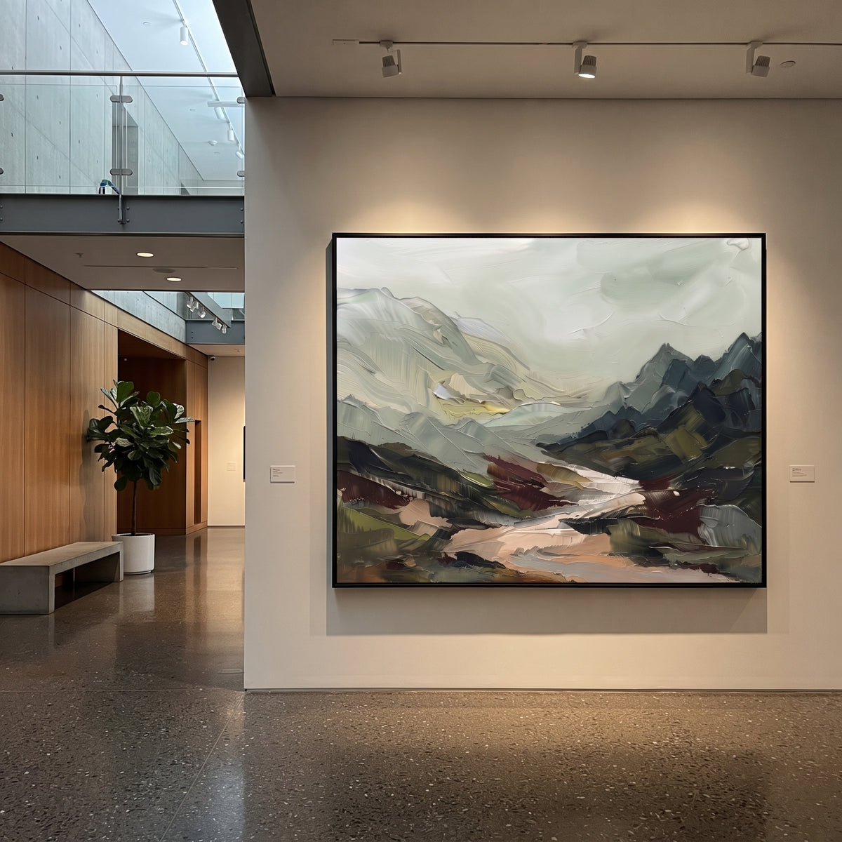 Still Distant Mountain River Valley focuses on layered mountain ridges opening toward a bright winding river. The composition keeps the principal subject clearly separated from the painted field, so the eye can follow the specific gesture, silhouette, garment, fur, petal, ridge, or river visible in this artwork. Its color relationships move between blue, grey, and white, with lighter passages opening the focal area and deeper strokes giving the forms weight. Palette-knife edges, impasto ridges