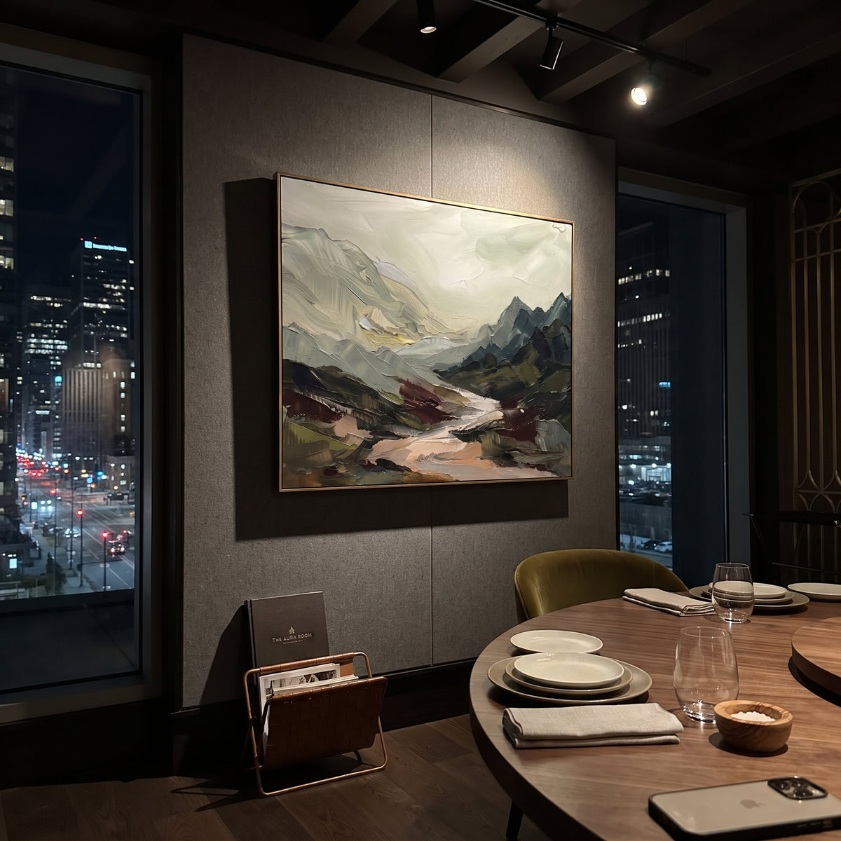 Still Distant Mountain River Valley focuses on layered mountain ridges opening toward a bright winding river. The composition keeps the principal subject clearly separated from the painted field, so the eye can follow the specific gesture, silhouette, garment, fur, petal, ridge, or river visible in this artwork. Its color relationships move between blue, grey, and white, with lighter passages opening the focal area and deeper strokes giving the forms weight. Palette-knife edges, impasto ridges