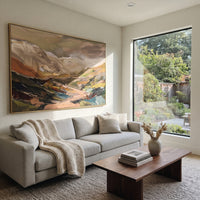 Gentle Distant Mountain River Valley focuses on layered mountain ridges opening toward a bright winding river. The composition keeps the principal subject clearly separated from the painted field, so the eye can follow the specific gesture, silhouette, garment, fur, petal, ridge, or river visible in this artwork. Its color relationships move between green, brown, and yellow, with lighter passages opening the focal area and deeper strokes giving the forms weight. Palette-knife edges, impasto