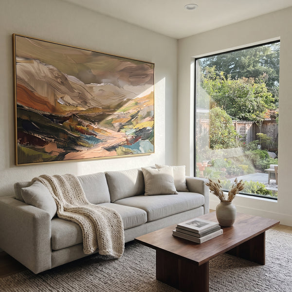"Gentle Distant Mountain River Valley" - Modern Heavy Impasto Landscape Artwork | Green & Brown Palette Knife Painting | Luxury Horizontal Wall Art #PT 3141