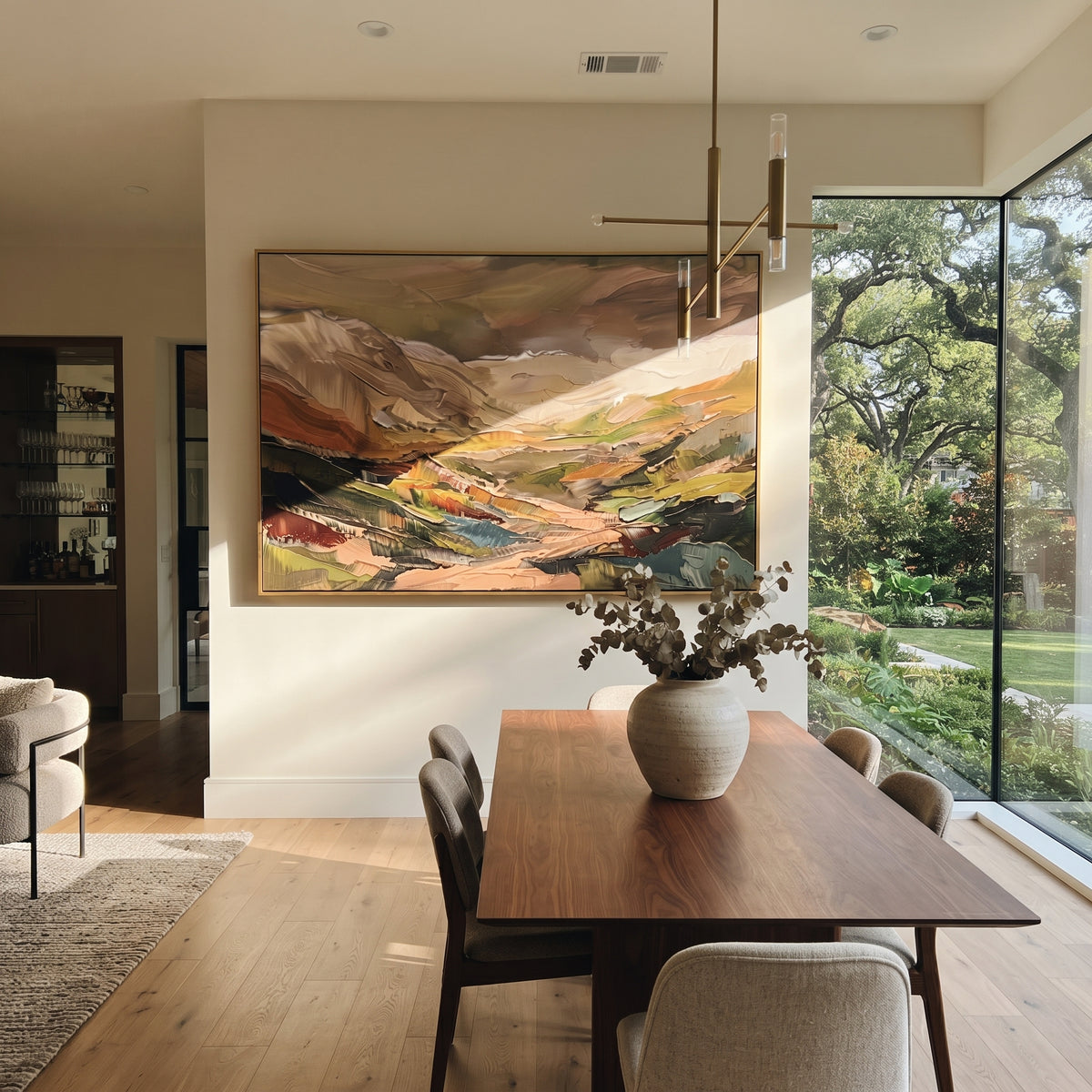 Gentle Distant Mountain River Valley focuses on layered mountain ridges opening toward a bright winding river. The composition keeps the principal subject clearly separated from the painted field, so the eye can follow the specific gesture, silhouette, garment, fur, petal, ridge, or river visible in this artwork. Its color relationships move between green, brown, and yellow, with lighter passages opening the focal area and deeper strokes giving the forms weight. Palette-knife edges, impasto
