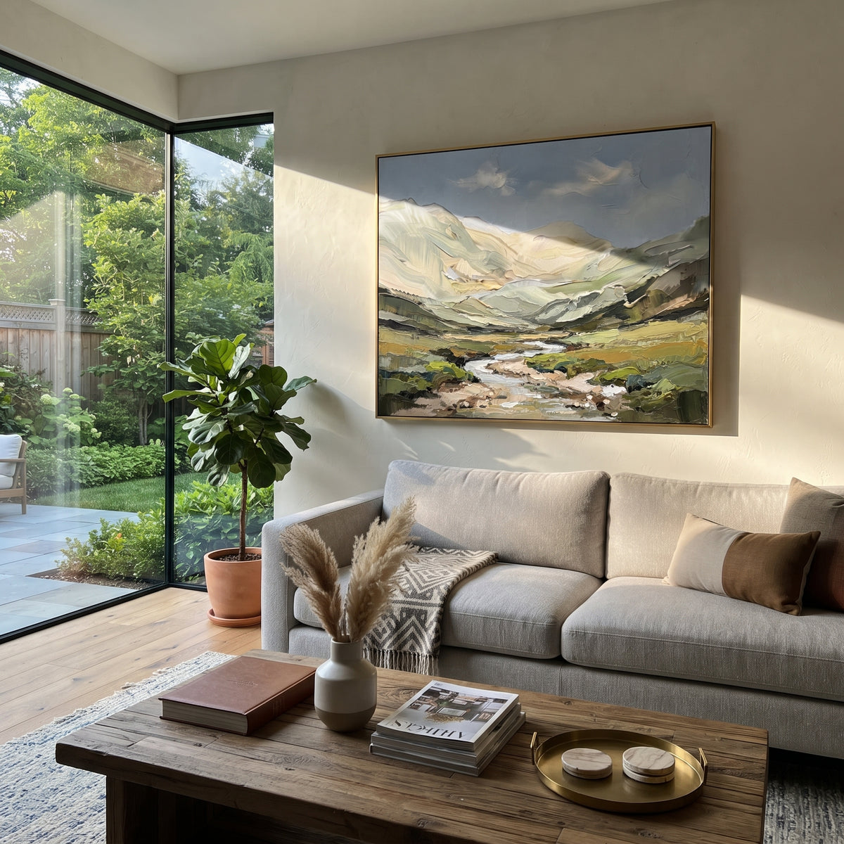 Open Distant Mountain River Valley focuses on layered mountain ridges opening toward a bright winding river. The composition keeps the principal subject clearly separated from the painted field, so the eye can follow the specific gesture, silhouette, garment, fur, petal, ridge, or river visible in this artwork. Its color relationships move between orange, black, and beige, with lighter passages opening the focal area and deeper strokes giving the forms weight. Palette-knife edges, impasto