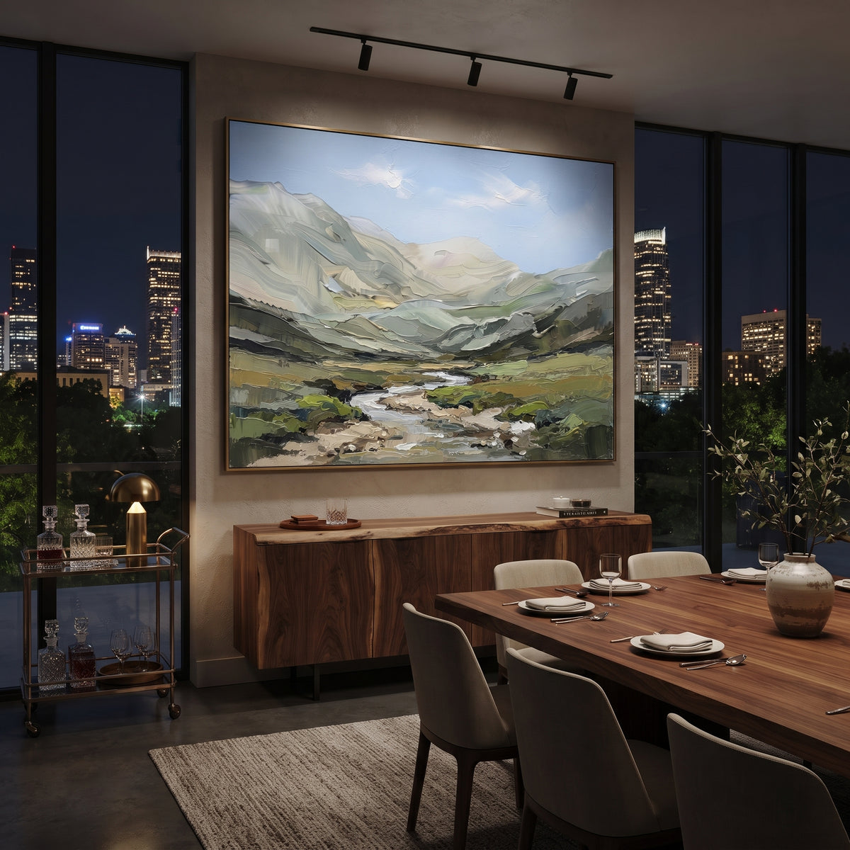 Open Distant Mountain River Valley focuses on layered mountain ridges opening toward a bright winding river. The composition keeps the principal subject clearly separated from the painted field, so the eye can follow the specific gesture, silhouette, garment, fur, petal, ridge, or river visible in this artwork. Its color relationships move between orange, black, and beige, with lighter passages opening the focal area and deeper strokes giving the forms weight. Palette-knife edges, impasto