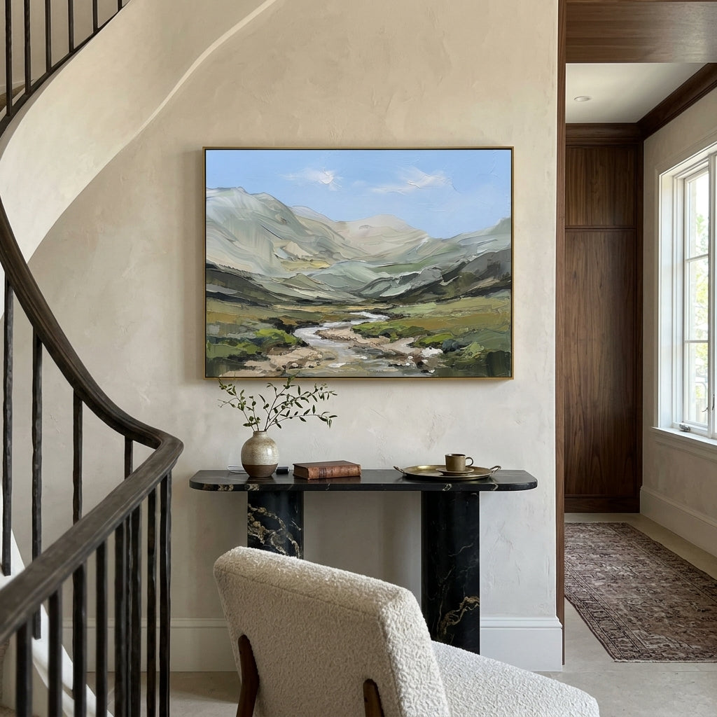 Open Distant Mountain River Valley focuses on layered mountain ridges opening toward a bright winding river. The composition keeps the principal subject clearly separated from the painted field, so the eye can follow the specific gesture, silhouette, garment, fur, petal, ridge, or river visible in this artwork. Its color relationships move between orange, black, and beige, with lighter passages opening the focal area and deeper strokes giving the forms weight. Palette-knife edges, impasto