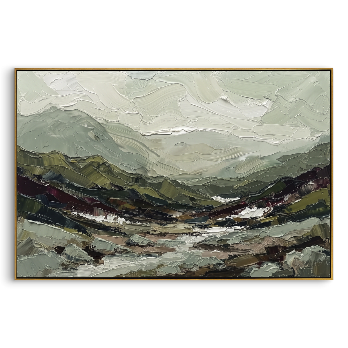 Wandering Distant Mountain River Valley focuses on layered mountain ridges opening toward a bright winding river. The composition keeps the principal subject clearly separated from the painted field, so the eye can follow the specific gesture, silhouette, garment, fur, petal, ridge, or river visible in this artwork. Its color relationships move between blue, red, and white, with lighter passages opening the focal area and deeper strokes giving the forms weight. Palette-knife edges, impasto