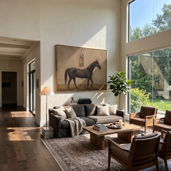 "Reflective Distant Woman with Mythic Animal" - Modern Heavy Impasto Landscape Artwork | Green & Grey Palette Knife Painting | Luxury Horizontal Wall Art #PT 3144