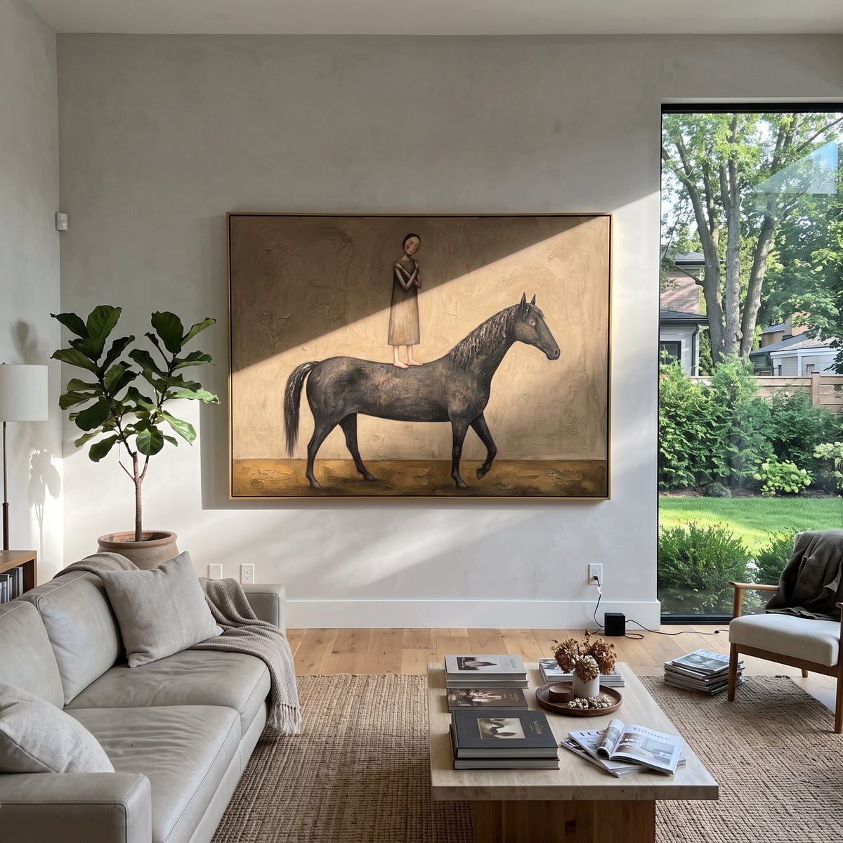 Reflective Distant Woman with Mythic Animal focuses on a woman resting across a goat, stag, or dark horned animal. The composition keeps the principal subject clearly separated from the painted field, so the eye can follow the specific gesture, silhouette, garment, fur, petal, ridge, or river visible in this artwork. Its color relationships move between green, grey, and pink, with lighter passages opening the focal area and deeper strokes giving the forms weight. Palette-knife edges, impasto