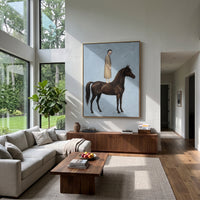 Midnight Distant Woman with Mythic Animal focuses on a woman resting across a goat, stag, or dark horned animal. The composition keeps the principal subject clearly separated from the painted field, so the eye can follow the specific gesture, silhouette, garment, fur, petal, ridge, or river visible in this artwork. Its color relationships move between beige, black, and blue, with lighter passages opening the focal area and deeper strokes giving the forms weight. Palette-knife edges, impasto