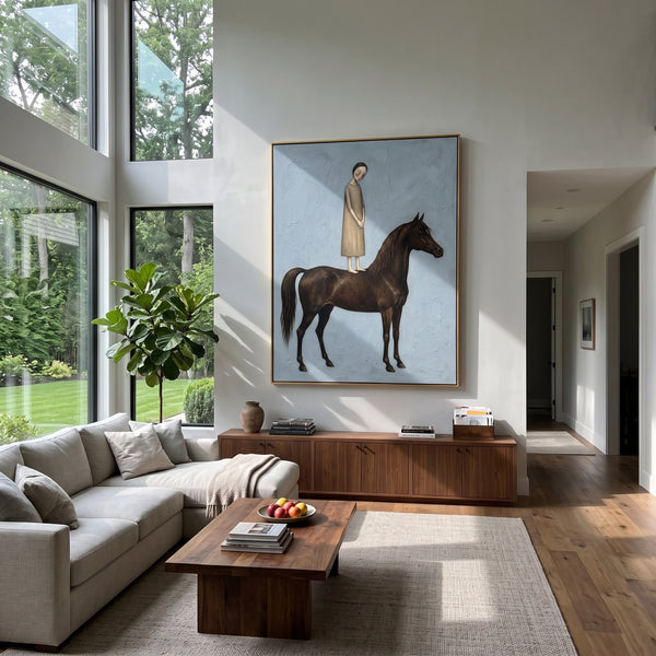 "Midnight Distant Woman with Mythic Animal" - Modern Heavy Impasto Landscape Artwork | Beige & Black Palette Knife Painting | Luxury Vertical Wall Art #PT 3145