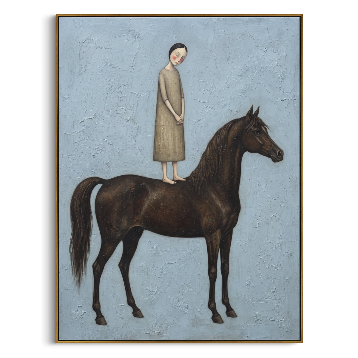 "Midnight Distant Woman with Mythic Animal" - Modern Heavy Impasto Landscape Artwork | Beige & Black Palette Knife Painting | Luxury Vertical Wall Art #PT 3145
