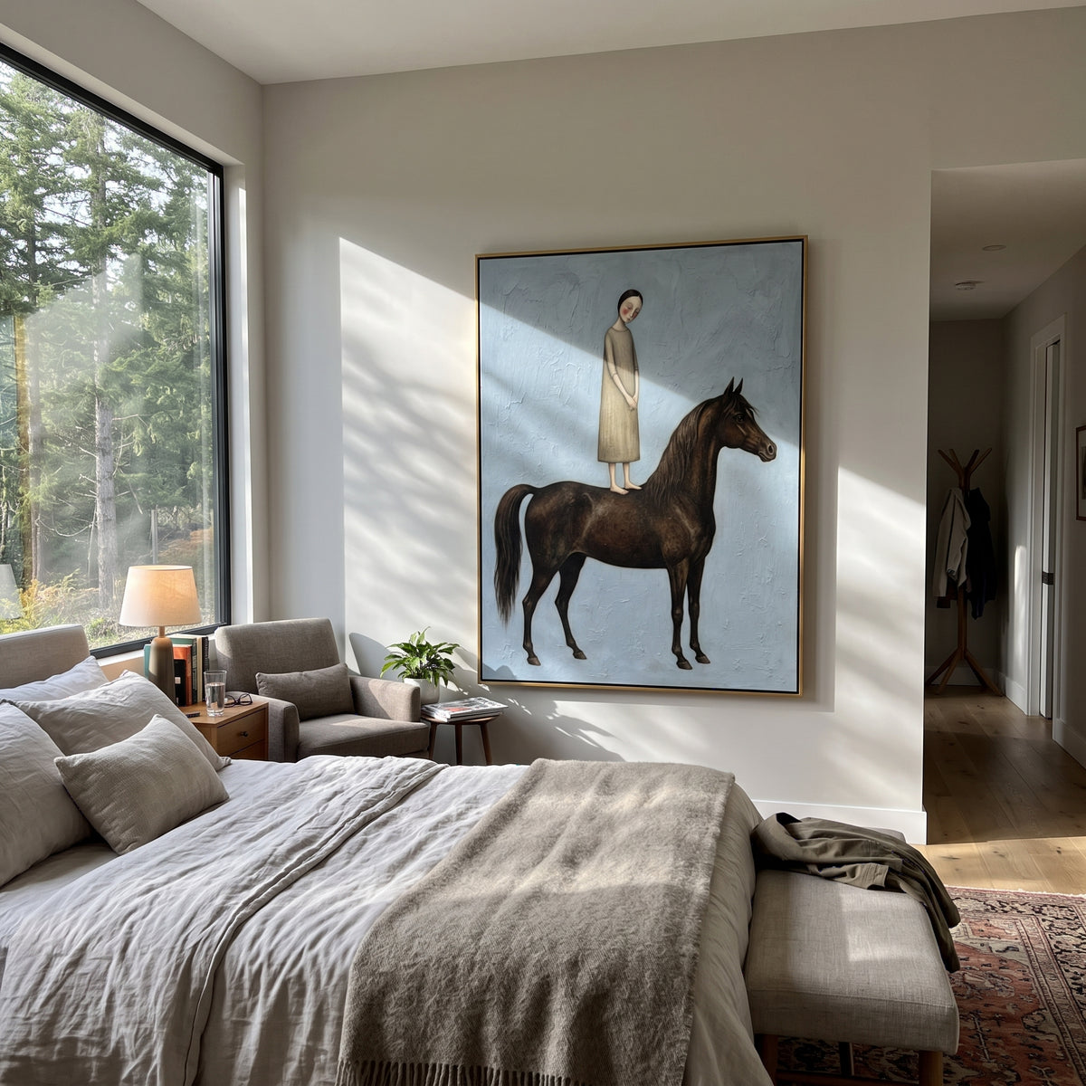 Midnight Distant Woman with Mythic Animal focuses on a woman resting across a goat, stag, or dark horned animal. The composition keeps the principal subject clearly separated from the painted field, so the eye can follow the specific gesture, silhouette, garment, fur, petal, ridge, or river visible in this artwork. Its color relationships move between beige, black, and blue, with lighter passages opening the focal area and deeper strokes giving the forms weight. Palette-knife edges, impasto