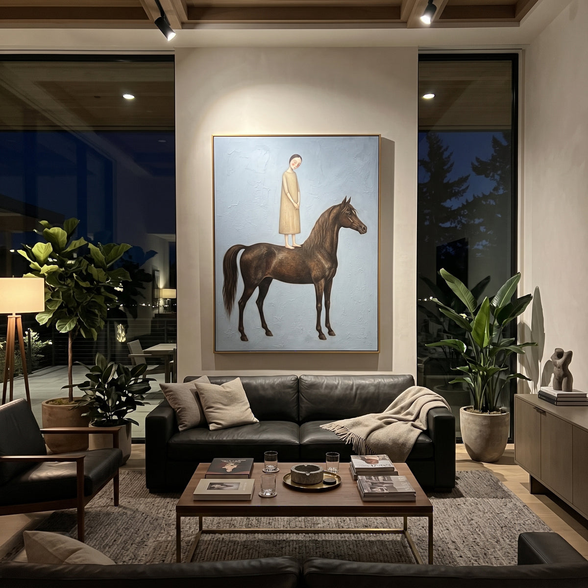Midnight Distant Woman with Mythic Animal focuses on a woman resting across a goat, stag, or dark horned animal. The composition keeps the principal subject clearly separated from the painted field, so the eye can follow the specific gesture, silhouette, garment, fur, petal, ridge, or river visible in this artwork. Its color relationships move between beige, black, and blue, with lighter passages opening the focal area and deeper strokes giving the forms weight. Palette-knife edges, impasto