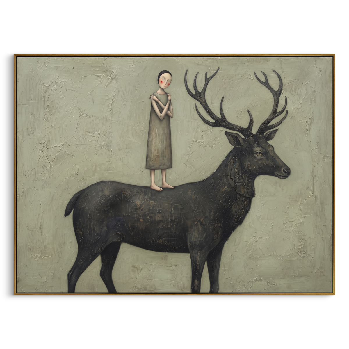 Storybook Distant Woman with Mythic Animal focuses on a woman resting across a goat, stag, or dark horned animal. The composition keeps the principal subject clearly separated from the painted field, so the eye can follow the specific gesture, silhouette, garment, fur, petal, ridge, or river visible in this artwork. Its color relationships move between purple, green, and white, with lighter passages opening the focal area and deeper strokes giving the forms weight. Palette-knife edges, impasto