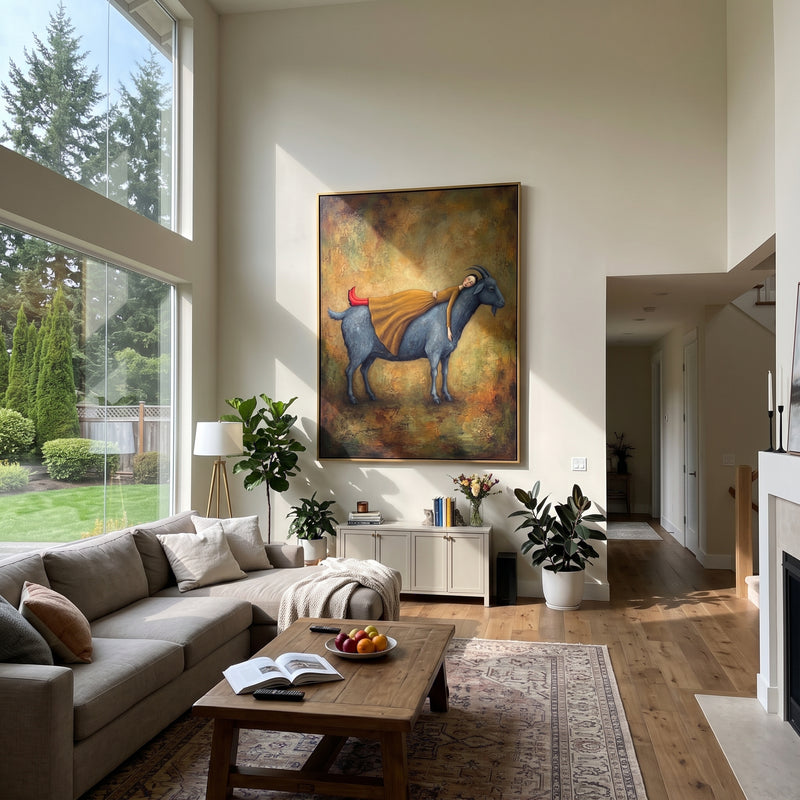 "Quiet Gathered Woman with Mythic Animal" - Modern Heavy Impasto Landscape Artwork | Blue & Beige Palette Knife Painting | Luxury Vertical Wall Art #PT 3147