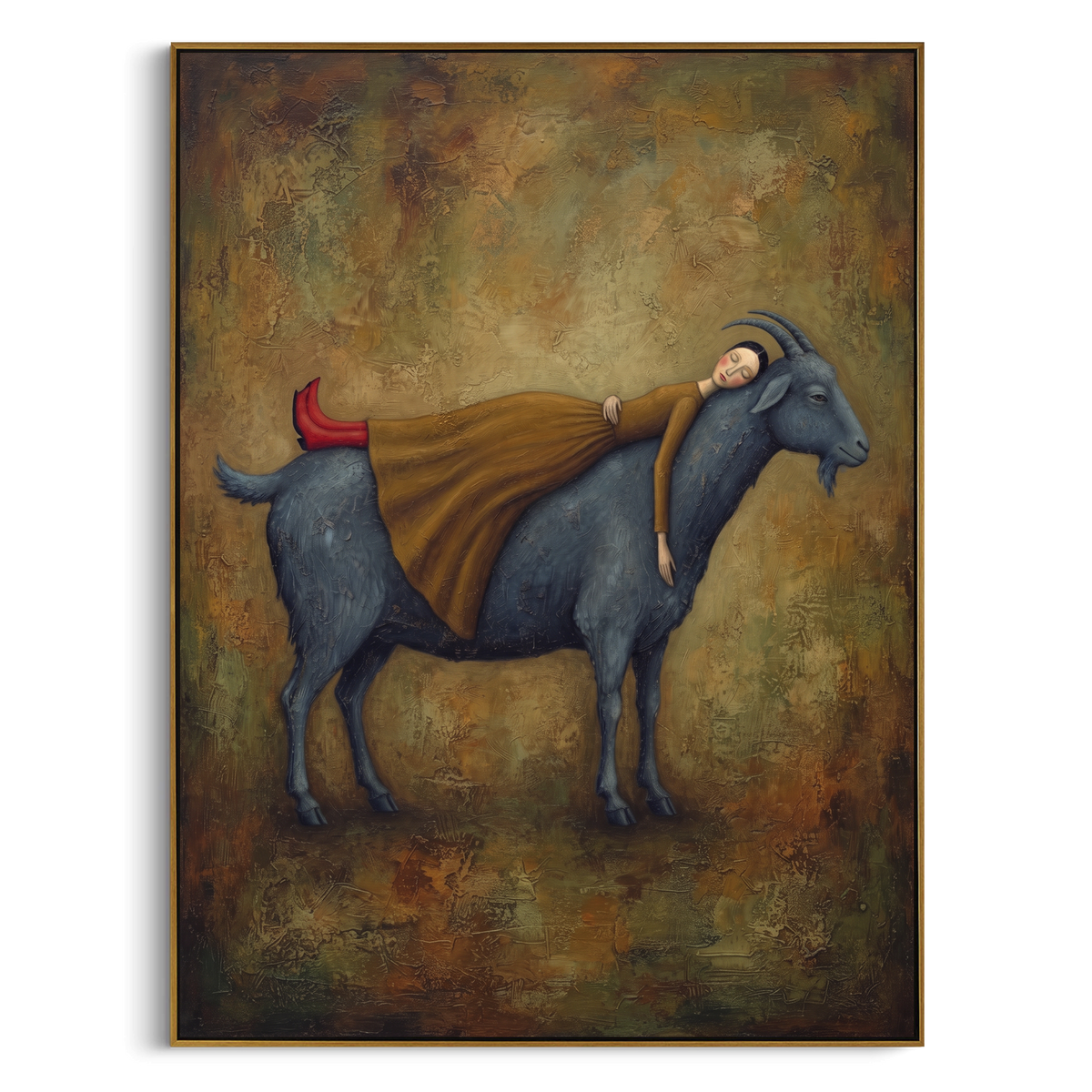 Quiet Gathered Woman with Mythic Animal focuses on a woman resting across a goat, stag, or dark horned animal. The composition keeps the principal subject clearly separated from the painted field, so the eye can follow the specific gesture, silhouette, garment, fur, petal, ridge, or river visible in this artwork. Its color relationships move between blue, beige, and brown, with lighter passages opening the focal area and deeper strokes giving the forms weight. Palette-knife edges, impasto