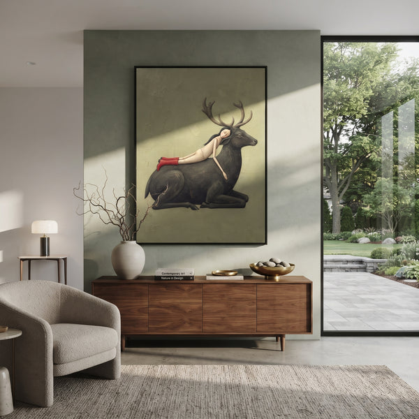 "Mossy Gathered Woman with Mythic Animal" - Modern Heavy Impasto Landscape Artwork | Green & Brown Palette Knife Painting | Luxury Vertical Wall Art #PT 3151