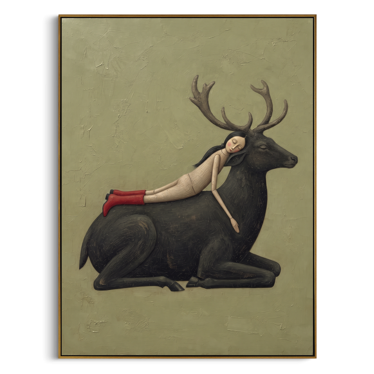 Mossy Gathered Woman with Mythic Animal focuses on a woman resting across a goat, stag, or dark horned animal. The composition keeps the principal subject clearly separated from the painted field, so the eye can follow the specific gesture, silhouette, garment, fur, petal, ridge, or river visible in this artwork. Its color relationships move between green, brown, and yellow, with lighter passages opening the focal area and deeper strokes giving the forms weight. Palette-knife edges, impasto