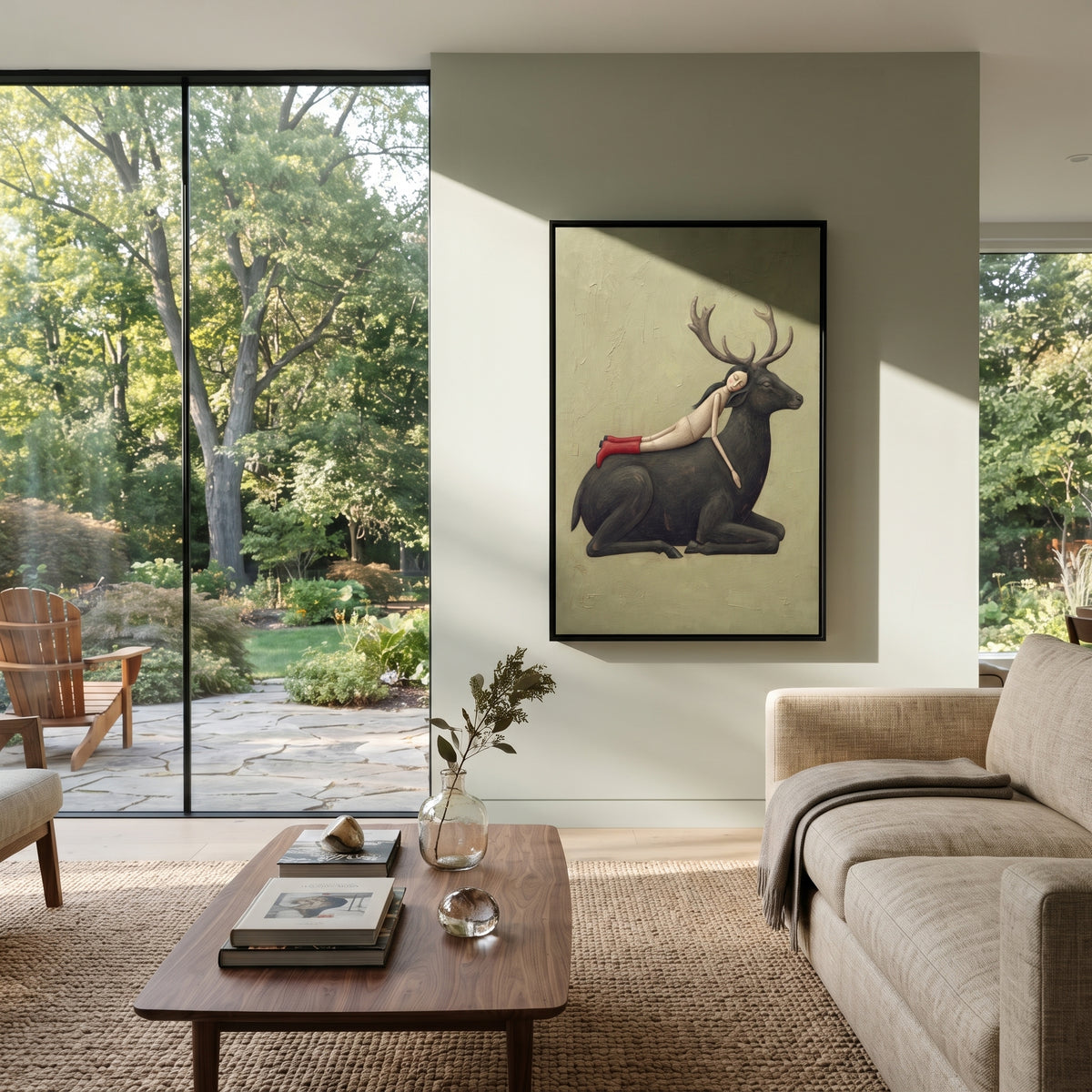 Mossy Gathered Woman with Mythic Animal focuses on a woman resting across a goat, stag, or dark horned animal. The composition keeps the principal subject clearly separated from the painted field, so the eye can follow the specific gesture, silhouette, garment, fur, petal, ridge, or river visible in this artwork. Its color relationships move between green, brown, and yellow, with lighter passages opening the focal area and deeper strokes giving the forms weight. Palette-knife edges, impasto