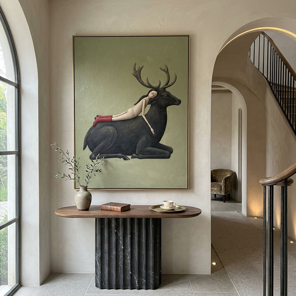 Mossy Gathered Woman with Mythic Animal focuses on a woman resting across a goat, stag, or dark horned animal. The composition keeps the principal subject clearly separated from the painted field, so the eye can follow the specific gesture, silhouette, garment, fur, petal, ridge, or river visible in this artwork. Its color relationships move between green, brown, and yellow, with lighter passages opening the focal area and deeper strokes giving the forms weight. Palette-knife edges, impasto