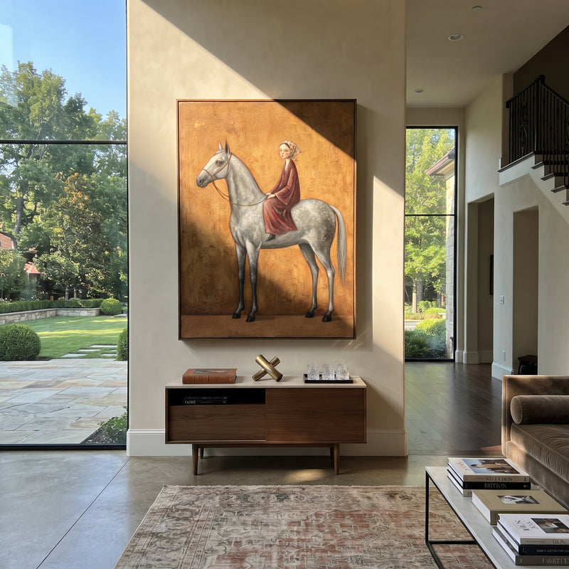 "Soft Gathered Woman with Mythic Animal" - Modern Heavy Impasto Landscape Artwork | Blue & Red Palette Knife Painting | Luxury Vertical Wall Art #PT 3153