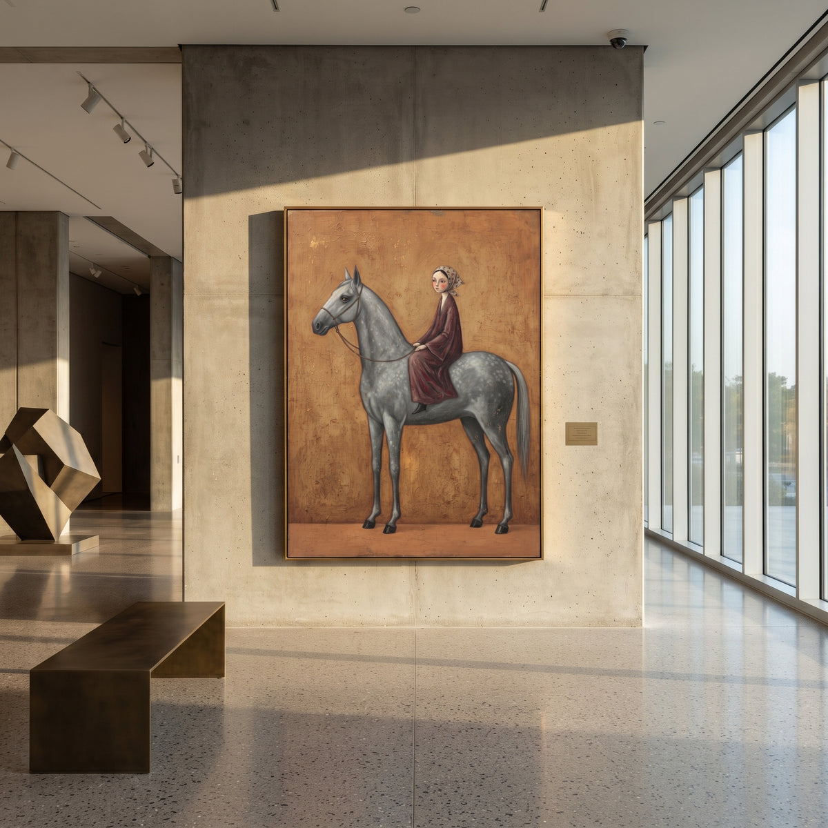 Soft Gathered Woman with Mythic Animal focuses on a woman resting across a goat, stag, or dark horned animal. The composition keeps the principal subject clearly separated from the painted field, so the eye can follow the specific gesture, silhouette, garment, fur, petal, ridge, or river visible in this artwork. Its color relationships move between blue, red, and white, with lighter passages opening the focal area and deeper strokes giving the forms weight. Palette-knife edges, impasto ridges