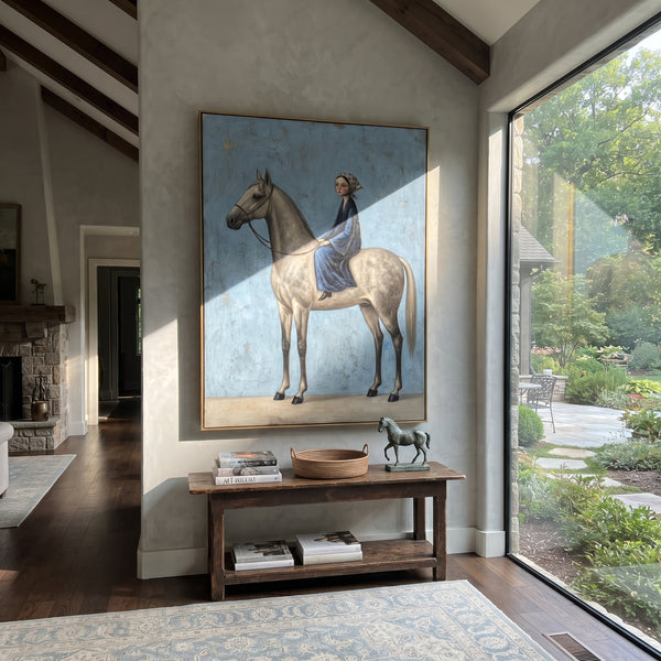 "Restful Gathered Woman with Mythic Animal" - Modern Heavy Impasto Landscape Artwork | Green & Grey Palette Knife Painting | Luxury Vertical Wall Art #PT 3154