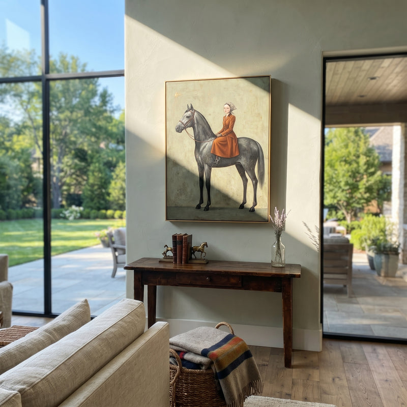 "Playful Gathered Woman with Mythic Animal" - Modern Heavy Impasto Landscape Artwork | Beige & Black Palette Knife Painting | Luxury Vertical Wall Art #PT 3155