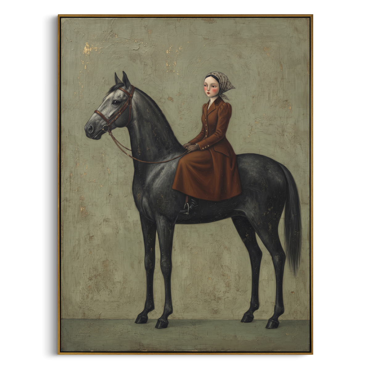 Playful Gathered Woman with Mythic Animal focuses on a woman resting across a goat, stag, or dark horned animal. The composition keeps the principal subject clearly separated from the painted field, so the eye can follow the specific gesture, silhouette, garment, fur, petal, ridge, or river visible in this artwork. Its color relationships move between beige, black, and blue, with lighter passages opening the focal area and deeper strokes giving the forms weight. Palette-knife edges, impasto