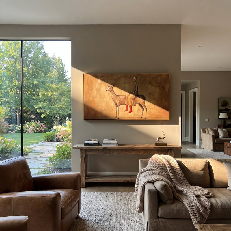 "Distant Gathered Woman with Mythic Animal" - Modern Heavy Impasto Landscape Artwork | Purple & Green Palette Knife Painting | Luxury Horizontal Wall Art #PT 3156