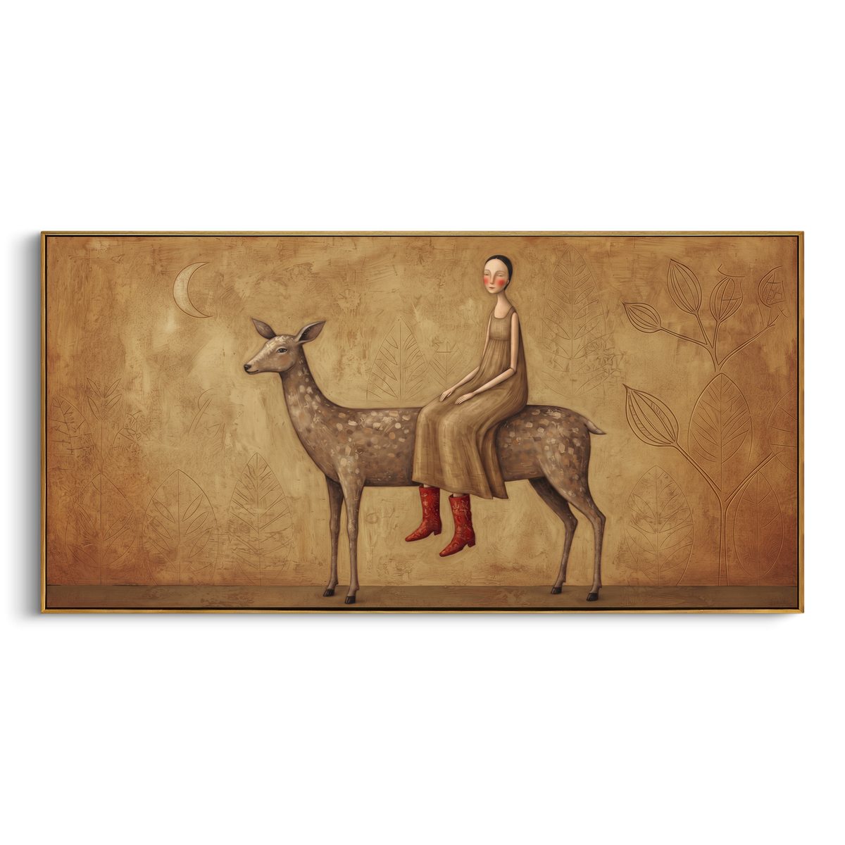 Distant Gathered Woman with Mythic Animal focuses on a woman resting across a goat, stag, or dark horned animal. The composition keeps the principal subject clearly separated from the painted field, so the eye can follow the specific gesture, silhouette, garment, fur, petal, ridge, or river visible in this artwork. Its color relationships move between purple, green, and white, with lighter passages opening the focal area and deeper strokes giving the forms weight. Palette-knife edges, impasto