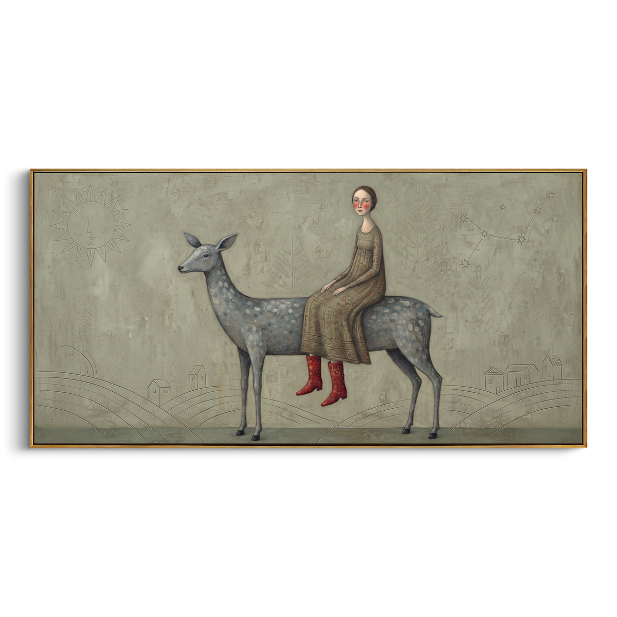 River Gathered Woman with Mythic Animal focuses on a woman resting across a goat, stag, or dark horned animal. The composition keeps the principal subject clearly separated from the painted field, so the eye can follow the specific gesture, silhouette, garment, fur, petal, ridge, or river visible in this artwork. Its color relationships move between orange, pink, and green, with lighter passages opening the focal area and deeper strokes giving the forms weight. Palette-knife edges, impasto