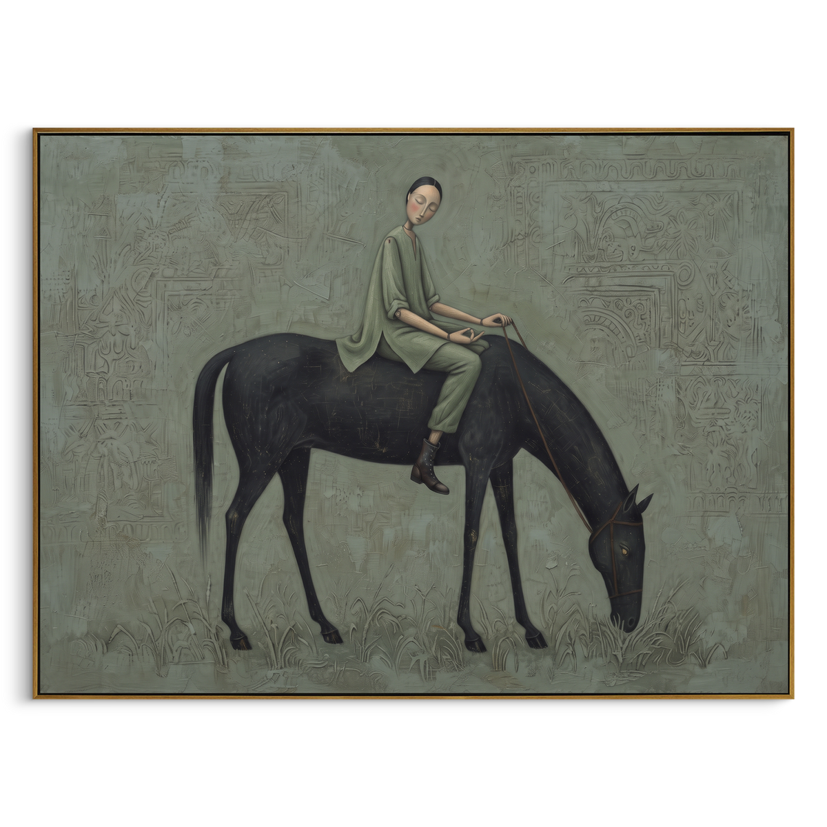 Warm Gathered Woman with Mythic Animal focuses on a woman resting across a goat, stag, or dark horned animal. The composition keeps the principal subject clearly separated from the painted field, so the eye can follow the specific gesture, silhouette, garment, fur, petal, ridge, or river visible in this artwork. Its color relationships move between green, yellow, and beige, with lighter passages opening the focal area and deeper strokes giving the forms weight. Palette-knife edges, impasto