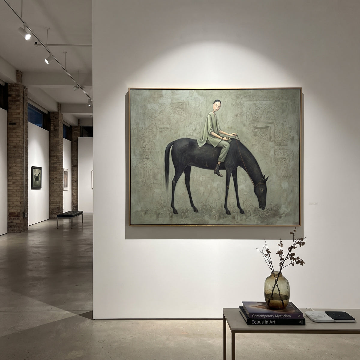 Warm Gathered Woman with Mythic Animal focuses on a woman resting across a goat, stag, or dark horned animal. The composition keeps the principal subject clearly separated from the painted field, so the eye can follow the specific gesture, silhouette, garment, fur, petal, ridge, or river visible in this artwork. Its color relationships move between green, yellow, and beige, with lighter passages opening the focal area and deeper strokes giving the forms weight. Palette-knife edges, impasto