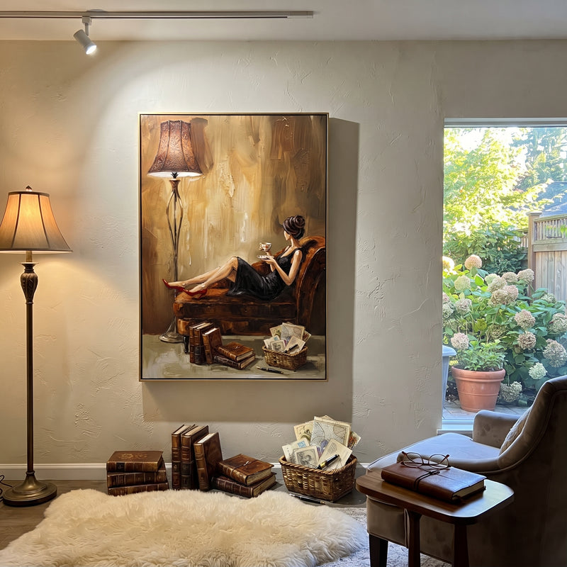 "Still Gathered Woman Reading by the Lamp" - Modern Heavy Impasto Landscape Artwork | Blue & Grey Palette Knife Painting | Luxury Vertical Wall Art #PT 3160