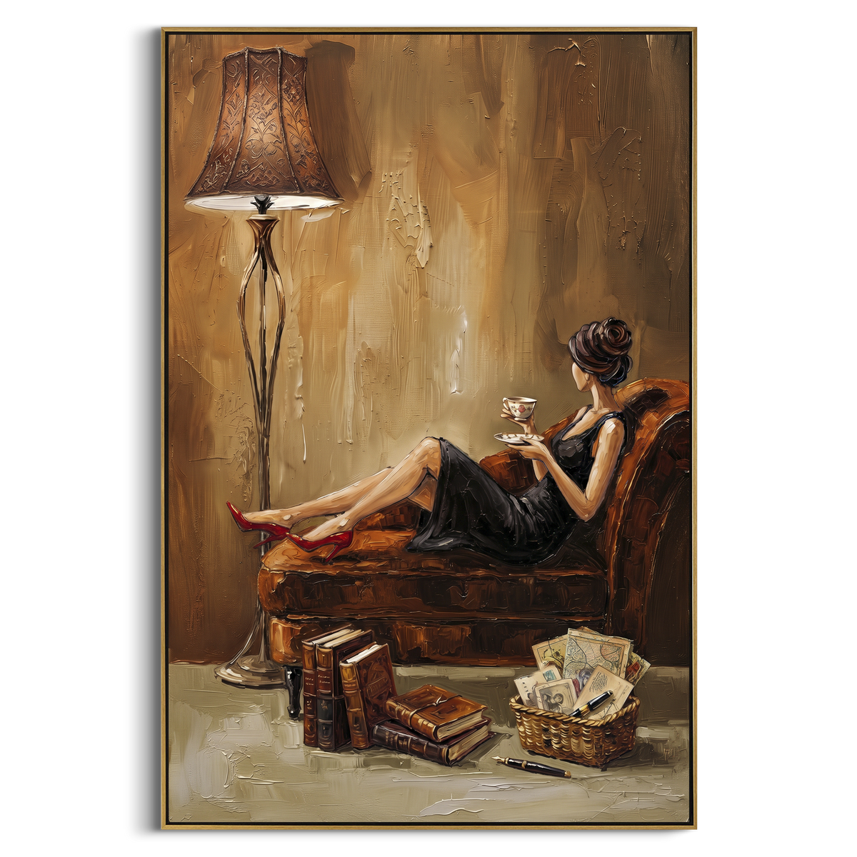 "Still Gathered Woman Reading by the Lamp" - Modern Heavy Impasto Landscape Artwork | Blue & Grey Palette Knife Painting | Luxury Vertical Wall Art #PT 3160