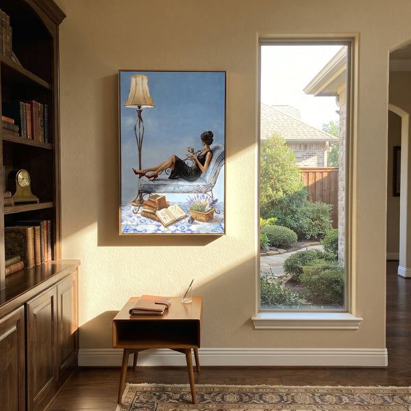 "Gentle Gathered Woman Reading by the Lamp" - Modern Heavy Impasto Landscape Artwork | Green & Brown Palette Knife Painting | Luxury Vertical Wall Art #PT 3161