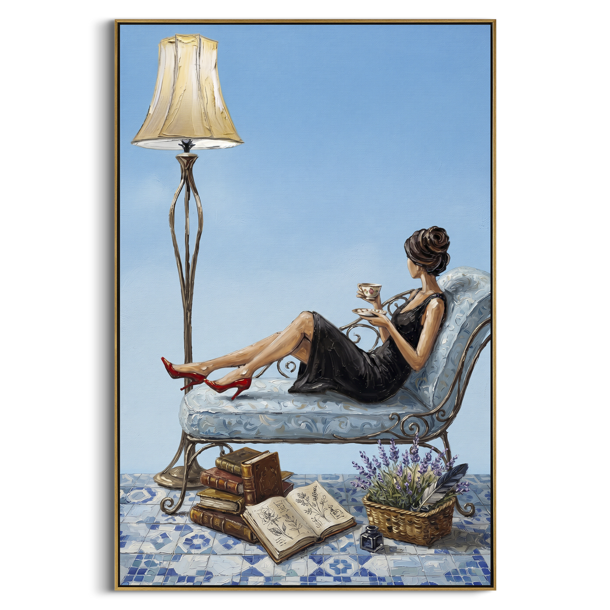 Gentle Gathered Woman Reading by the Lamp focuses on a woman reading beside a tall lamp, books, and a quiet chair. The composition keeps the principal subject clearly separated from the painted field, so the eye can follow the specific gesture, silhouette, garment, fur, petal, ridge, or river visible in this artwork. Its color relationships move between green, brown, and yellow, with lighter passages opening the focal area and deeper strokes giving the forms weight. Palette-knife edges, impasto