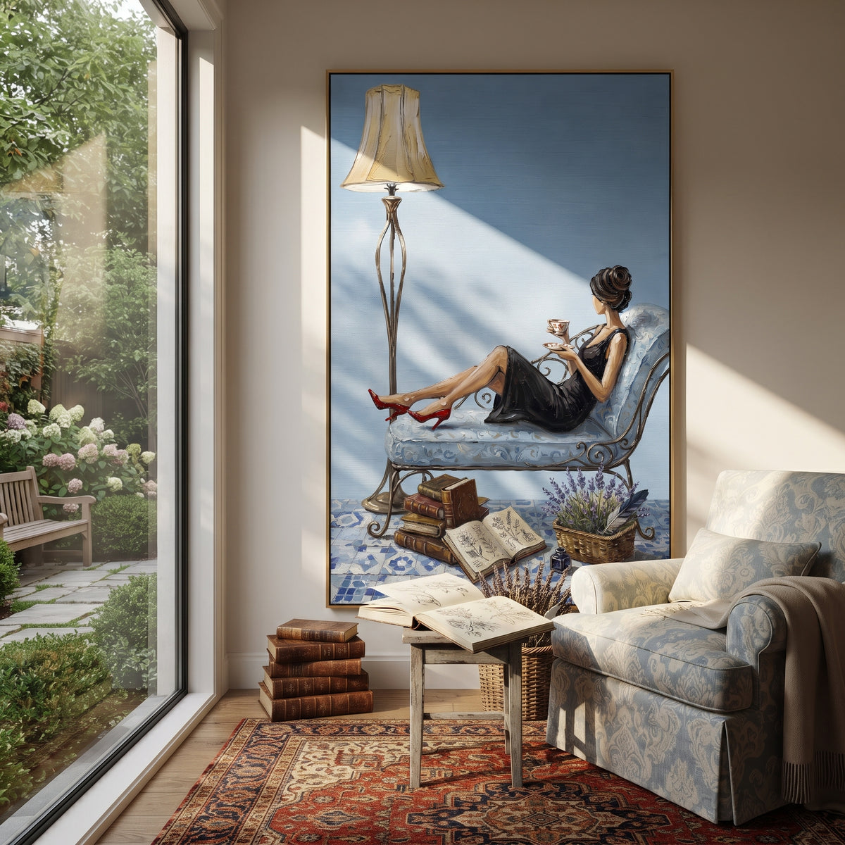 Gentle Gathered Woman Reading by the Lamp focuses on a woman reading beside a tall lamp, books, and a quiet chair. The composition keeps the principal subject clearly separated from the painted field, so the eye can follow the specific gesture, silhouette, garment, fur, petal, ridge, or river visible in this artwork. Its color relationships move between green, brown, and yellow, with lighter passages opening the focal area and deeper strokes giving the forms weight. Palette-knife edges, impasto