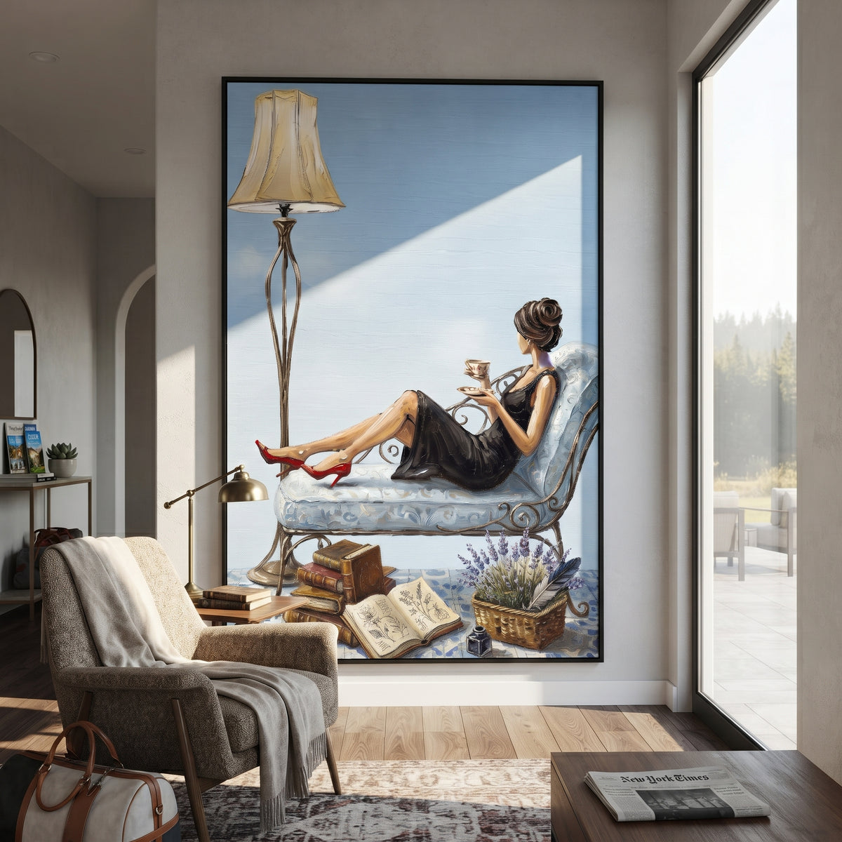 Gentle Gathered Woman Reading by the Lamp focuses on a woman reading beside a tall lamp, books, and a quiet chair. The composition keeps the principal subject clearly separated from the painted field, so the eye can follow the specific gesture, silhouette, garment, fur, petal, ridge, or river visible in this artwork. Its color relationships move between green, brown, and yellow, with lighter passages opening the focal area and deeper strokes giving the forms weight. Palette-knife edges, impasto