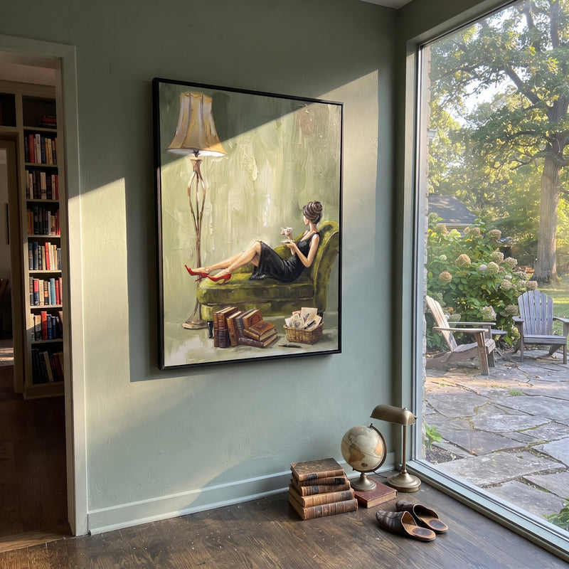 "Open Gathered Woman Reading by the Lamp" - Modern Heavy Impasto Landscape Artwork | Orange & Black Palette Knife Painting | Luxury Vertical Wall Art #PT 3162