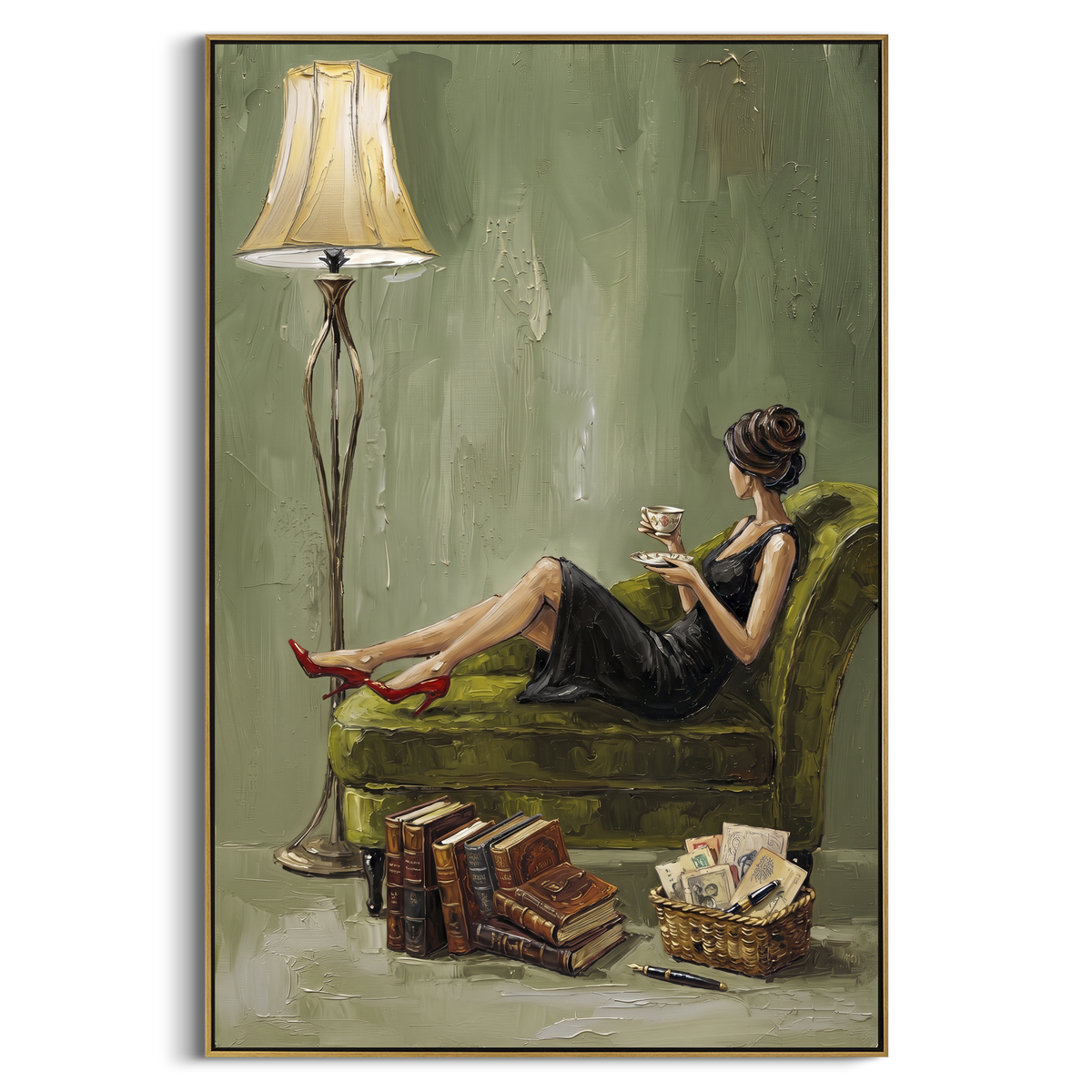 Open Gathered Woman Reading by the Lamp focuses on a woman reading beside a tall lamp, books, and a quiet chair. The composition keeps the principal subject clearly separated from the painted field, so the eye can follow the specific gesture, silhouette, garment, fur, petal, ridge, or river visible in this artwork. Its color relationships move between orange, black, and beige, with lighter passages opening the focal area and deeper strokes giving the forms weight. Palette-knife edges, impasto