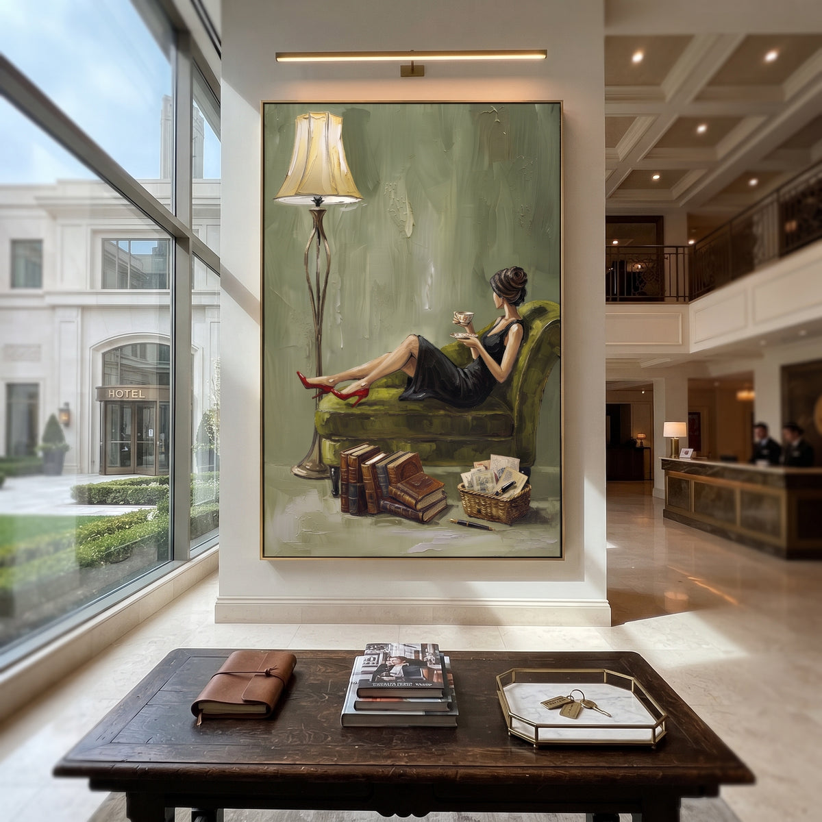 Open Gathered Woman Reading by the Lamp focuses on a woman reading beside a tall lamp, books, and a quiet chair. The composition keeps the principal subject clearly separated from the painted field, so the eye can follow the specific gesture, silhouette, garment, fur, petal, ridge, or river visible in this artwork. Its color relationships move between orange, black, and beige, with lighter passages opening the focal area and deeper strokes giving the forms weight. Palette-knife edges, impasto
