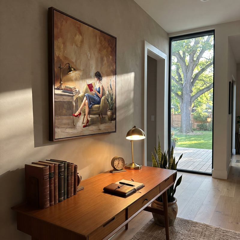 "Wandering Gathered Woman Reading by the Lamp" - Modern Heavy Impasto Landscape Artwork | Blue & Red Palette Knife Painting | Luxury Vertical Wall Art #PT 3163